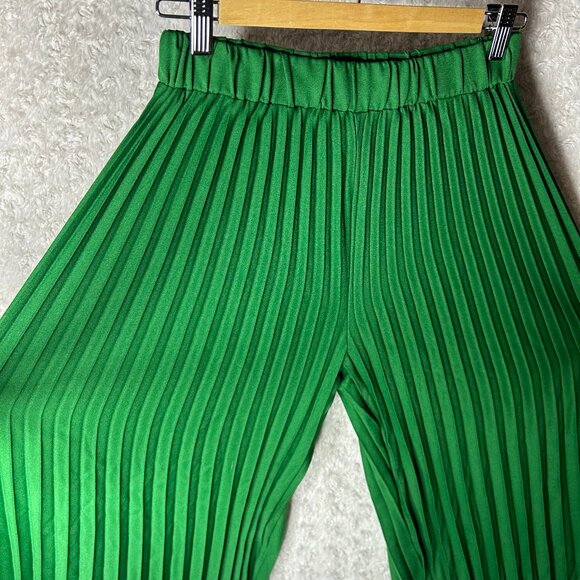 Bright Green Flared Funky Pants. Ribbed, Flowy Pants with Stretchy Waistband - Picture 2 of 7